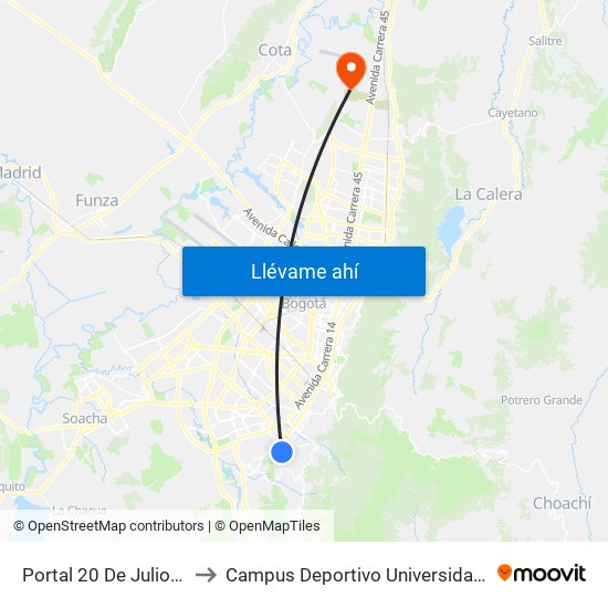 Portal 20 De Julio (Kr 5 - Cl 31 Sur) to Campus Deportivo Universidad Santo Tomás De Aquino map