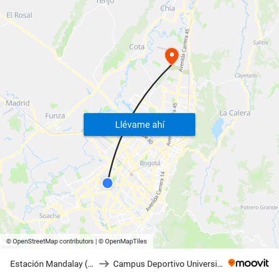 Estación Mandalay (Av. Américas - Kr 72b) to Campus Deportivo Universidad Santo Tomás De Aquino map