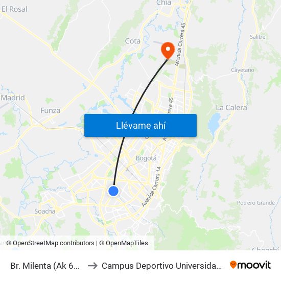 Br. Milenta (Ak 68 - Cl 17 Sur) (B) to Campus Deportivo Universidad Santo Tomás De Aquino map