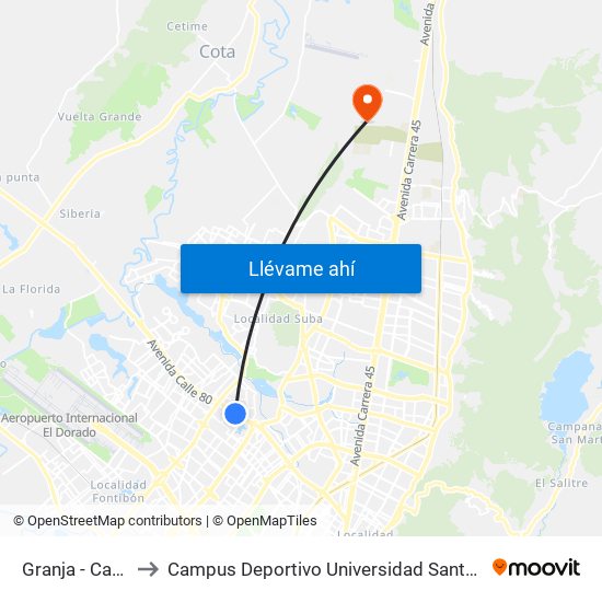 Granja - Carrera 77 to Campus Deportivo Universidad Santo Tomás De Aquino map