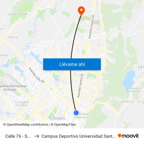 Calle 76 - San Felipe to Campus Deportivo Universidad Santo Tomás De Aquino map