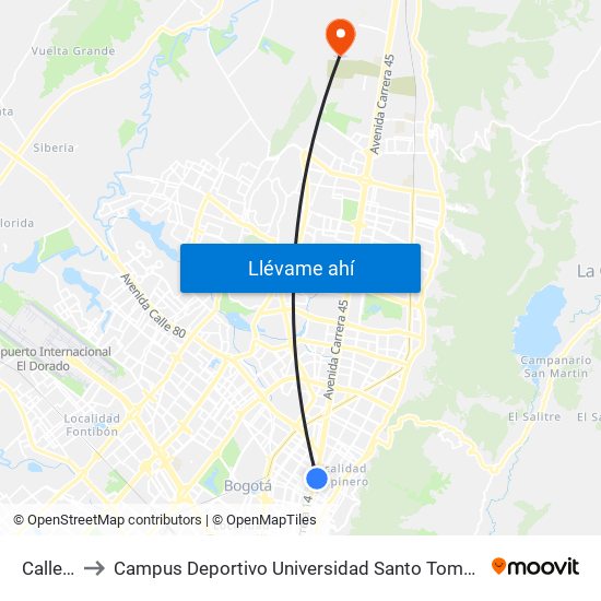 Calle 72 to Campus Deportivo Universidad Santo Tomás De Aquino map