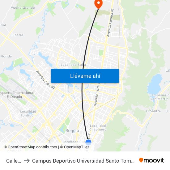 Calle 57 to Campus Deportivo Universidad Santo Tomás De Aquino map