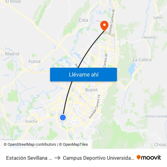 Estación Sevillana (Auto Sur - Kr 57) to Campus Deportivo Universidad Santo Tomás De Aquino map