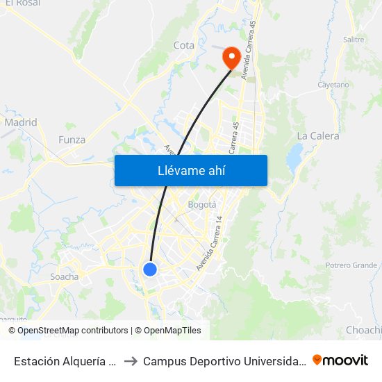 Estación Alquería (Auto Sur - Kr 51) to Campus Deportivo Universidad Santo Tomás De Aquino map