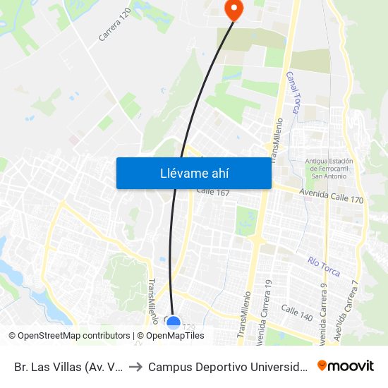 Br. Las Villas (Av. Villas - Cl 128b Bis) to Campus Deportivo Universidad Santo Tomás De Aquino map