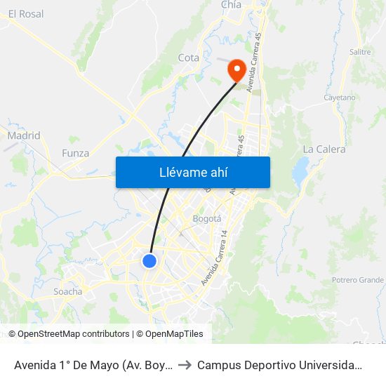 Avenida 1° De Mayo (Av. Boyacá - Av. 1 De Mayo) (A) to Campus Deportivo Universidad Santo Tomás De Aquino map