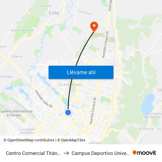 Centro Comercial Titán Plaza (Av. Boyacá - Cl 93) (B) to Campus Deportivo Universidad Santo Tomás De Aquino map