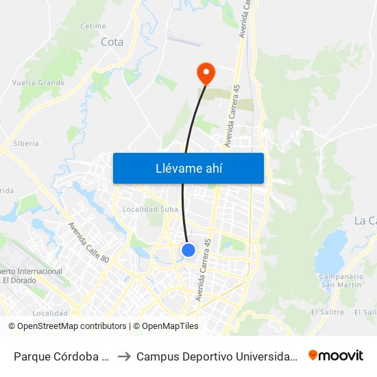 Parque Córdoba (Ac 127 - Kr 54) to Campus Deportivo Universidad Santo Tomás De Aquino map