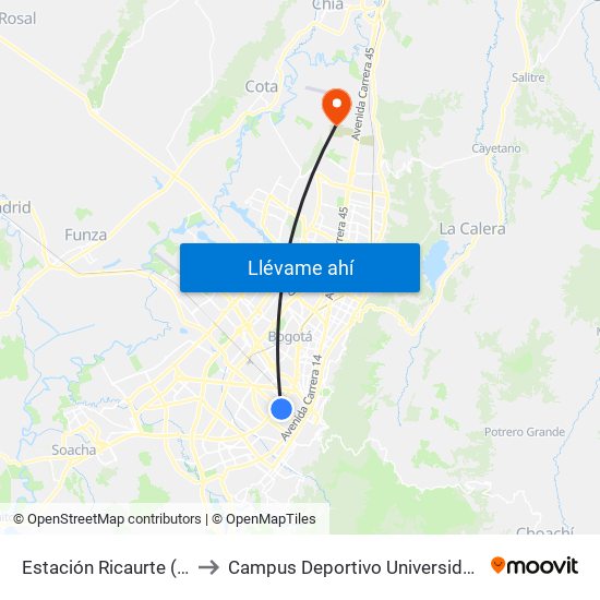 Estación Ricaurte (Ak 27 - Ac 13) (B) to Campus Deportivo Universidad Santo Tomás De Aquino map