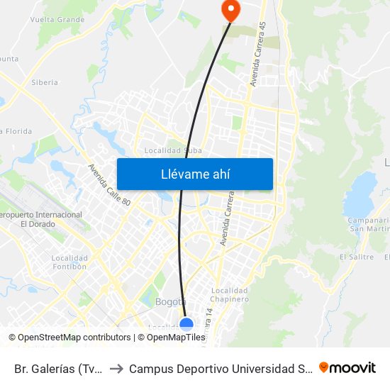 Br. Galerías (Tv 24 - Cl 53b) to Campus Deportivo Universidad Santo Tomás De Aquino map
