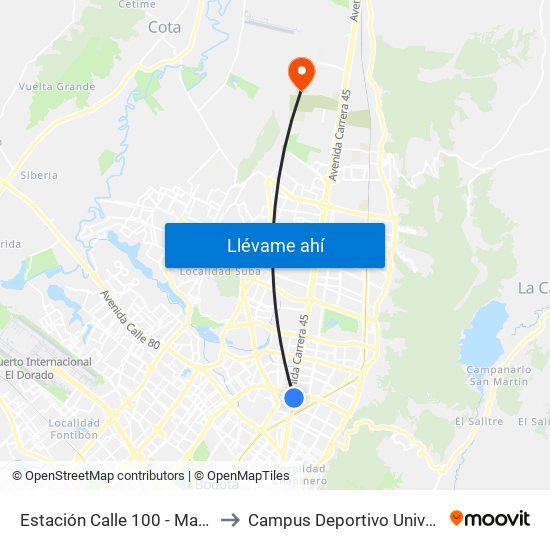 Estación Calle 100 - Marketmedios (Auto Norte - Cl 98) to Campus Deportivo Universidad Santo Tomás De Aquino map