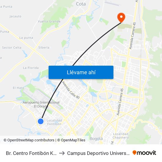 Br. Centro Fontibón Kr 104b (Cl 17 - Kr 104b) to Campus Deportivo Universidad Santo Tomás De Aquino map