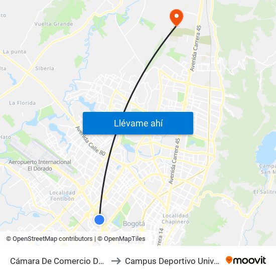Cámara De Comercio De Bogotá - Salitre (Ac 26 - Kr 69) to Campus Deportivo Universidad Santo Tomás De Aquino map