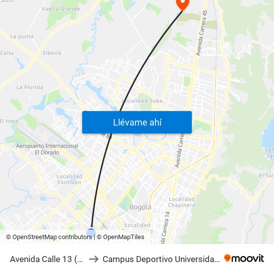 Avenida Calle 13 (Ak 68 - Ac 13) (A) to Campus Deportivo Universidad Santo Tomás De Aquino map