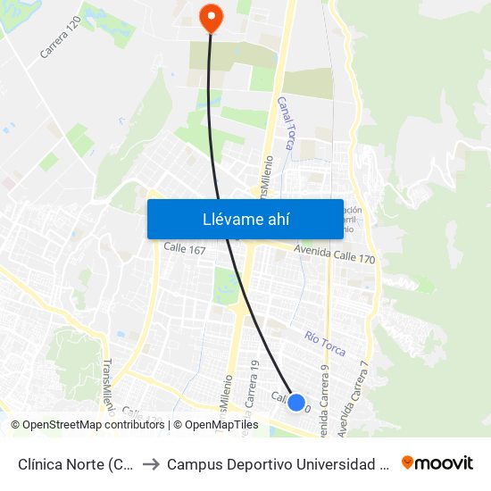 Clínica Norte (Cl 140 - Kr 12) to Campus Deportivo Universidad Santo Tomás De Aquino map