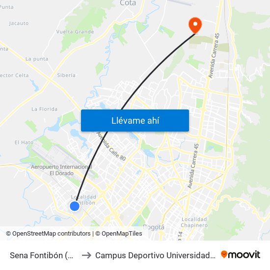 Sena Fontibón (Kr 96c - Cl 20a) to Campus Deportivo Universidad Santo Tomás De Aquino map