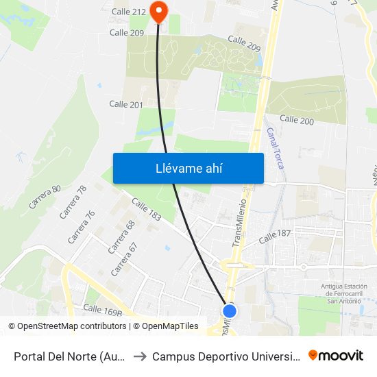 Portal Del Norte (Auto Norte - Cl 172a) (A) to Campus Deportivo Universidad Santo Tomás De Aquino map