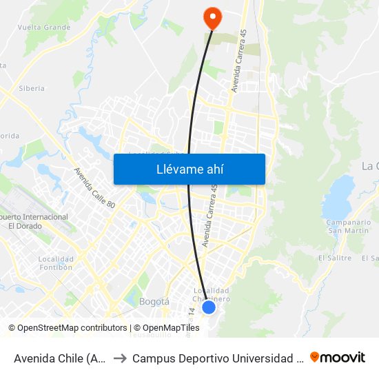 Avenida Chile (Ak 7 - Cl 71) (A) to Campus Deportivo Universidad Santo Tomás De Aquino map