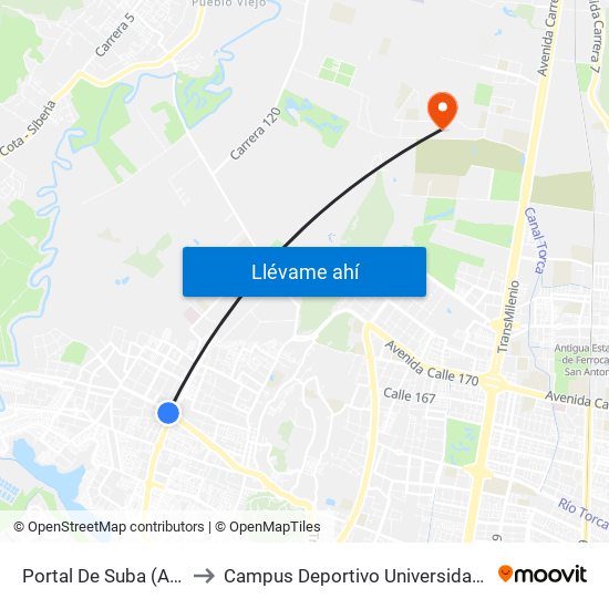 Portal De Suba (Av. Suba - Kr 106) to Campus Deportivo Universidad Santo Tomás De Aquino map