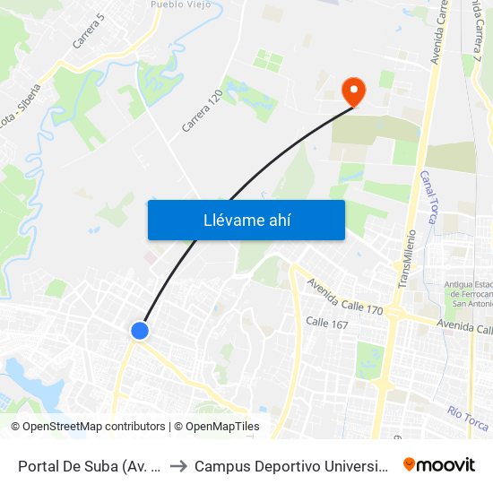 Portal De Suba (Av. C. De Cali - Av. Suba) to Campus Deportivo Universidad Santo Tomás De Aquino map