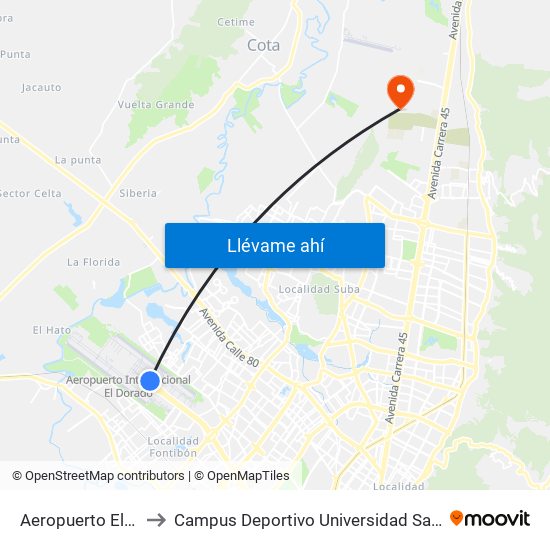 Aeropuerto Eldorado (B) to Campus Deportivo Universidad Santo Tomás De Aquino map
