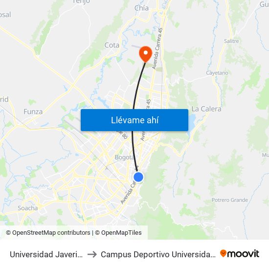 Universidad Javeriana (Ak 7 - Cl 43) to Campus Deportivo Universidad Santo Tomás De Aquino map