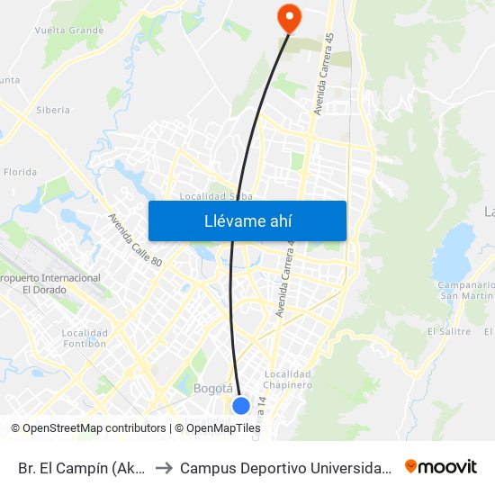 Br. El Campín (Ak 24 - Cl 61d Bis) to Campus Deportivo Universidad Santo Tomás De Aquino map