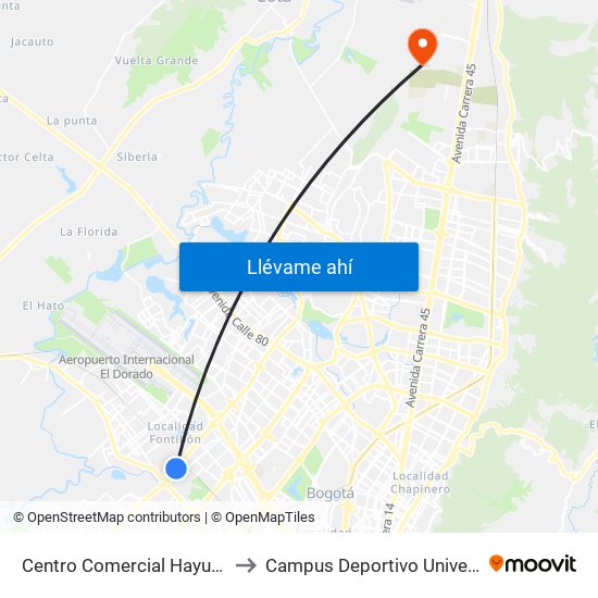 Centro Comercial Hayuelos (Av. C. De Cali - Cl 20) (A) to Campus Deportivo Universidad Santo Tomás De Aquino map