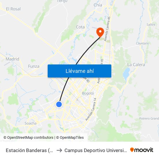 Estación Banderas (Av. Américas - Kr 79b) to Campus Deportivo Universidad Santo Tomás De Aquino map