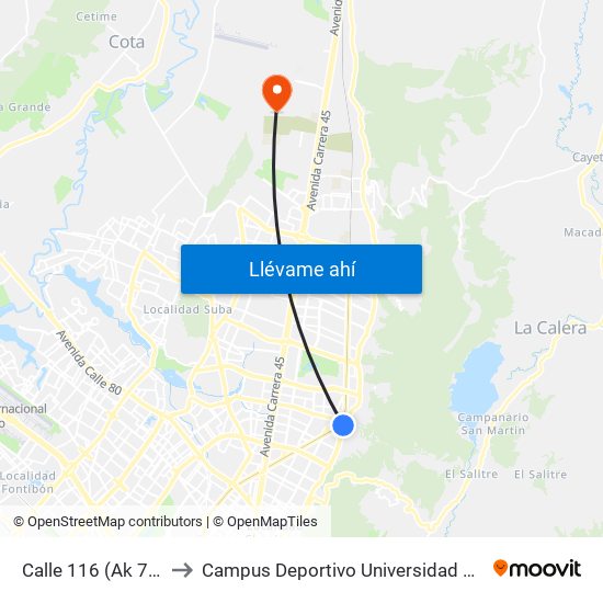 Calle 116 (Ak 7 - Cl 116) (A) to Campus Deportivo Universidad Santo Tomás De Aquino map