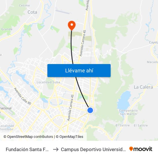 Fundación Santa Fe (Ak 7 - Cl 118) (B) to Campus Deportivo Universidad Santo Tomás De Aquino map
