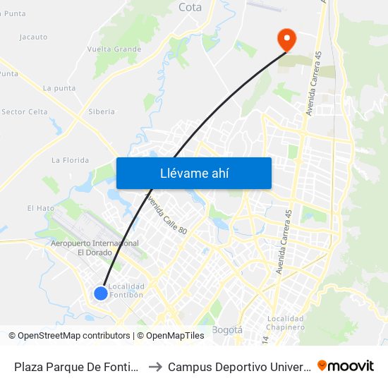 Plaza Parque De Fontibón Kr 100 (Kr 100 - Cl 17a) to Campus Deportivo Universidad Santo Tomás De Aquino map