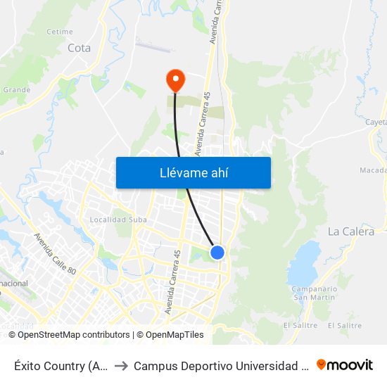 Éxito Country (Ac 134 - Kr 9b) to Campus Deportivo Universidad Santo Tomás De Aquino map