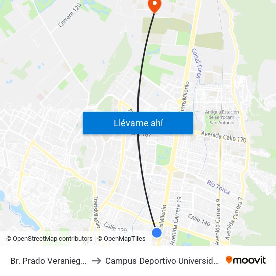 Br. Prado Veraniego (Cl 129 - Kr 45a) to Campus Deportivo Universidad Santo Tomás De Aquino map