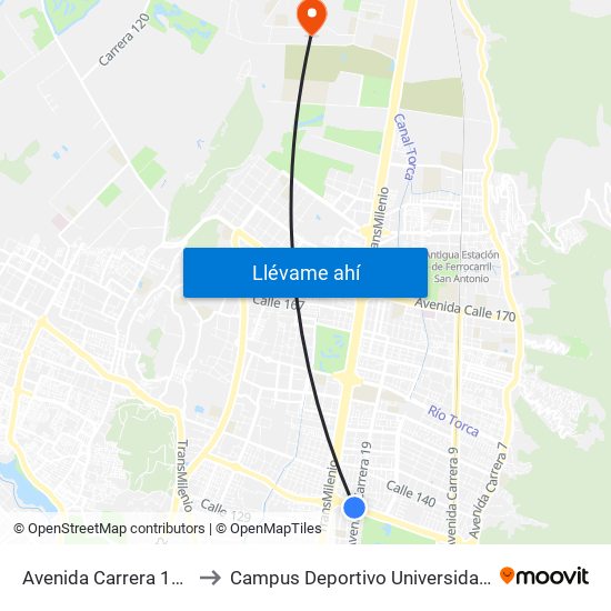 Avenida Carrera 19 (Ac 134 - Ak 19) to Campus Deportivo Universidad Santo Tomás De Aquino map