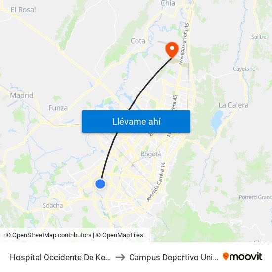 Hospital Occidente De Kennedy (Av. 1 De Mayo - Cl 40b Sur) (B) to Campus Deportivo Universidad Santo Tomás De Aquino map