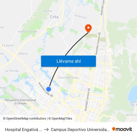 Hospital Engativá (Cl 82 - Kr 100a) to Campus Deportivo Universidad Santo Tomás De Aquino map