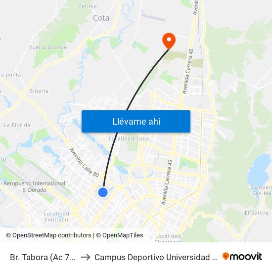 Br. Tabora (Ac 72 - Kr 77a) (A) to Campus Deportivo Universidad Santo Tomás De Aquino map