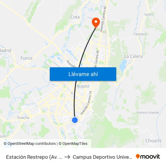 Estación Restrepo (Av. 1 De Mayo - Av. Caracas) (A) to Campus Deportivo Universidad Santo Tomás De Aquino map