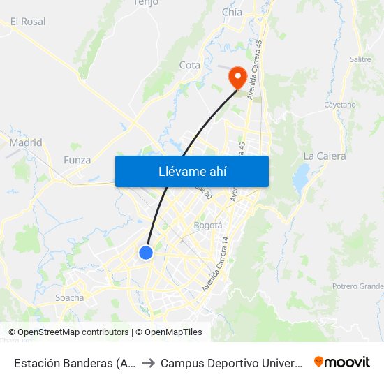 Estación Banderas (Av. Américas - Kr 78a) (A) to Campus Deportivo Universidad Santo Tomás De Aquino map