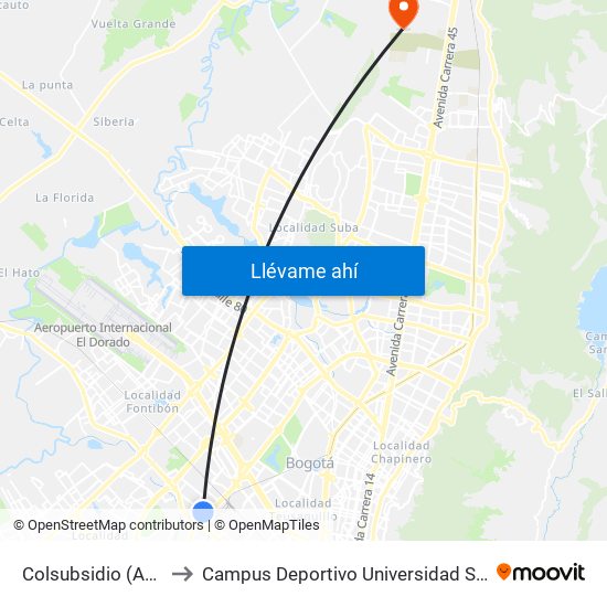 Colsubsidio (Ac 17 - Ak 68) to Campus Deportivo Universidad Santo Tomás De Aquino map