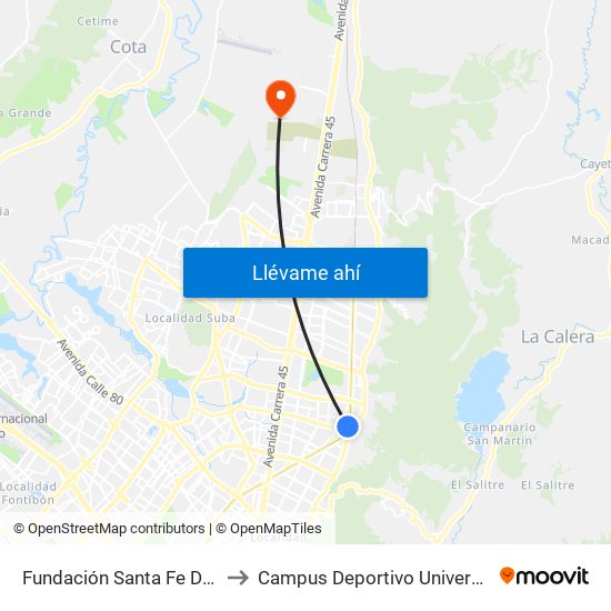 Fundación Santa Fe De Bogotá (Ak 9 - Cl 117a) to Campus Deportivo Universidad Santo Tomás De Aquino map