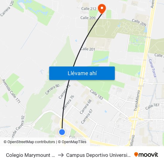 Colegio Marymount (Av. Boyacá - Cl 169b) to Campus Deportivo Universidad Santo Tomás De Aquino map