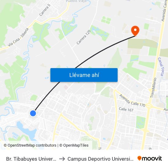 Br. Tibabuyes Universal (Cl 142 - Kr 129b) to Campus Deportivo Universidad Santo Tomás De Aquino map