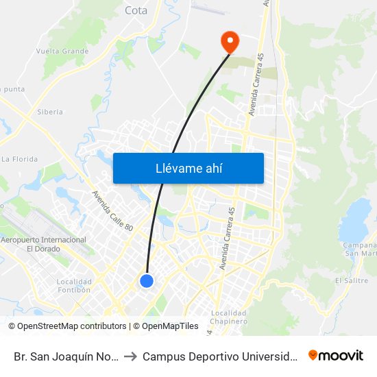 Br. San Joaquín Norte (Ak 70 - Cl 65) to Campus Deportivo Universidad Santo Tomás De Aquino map