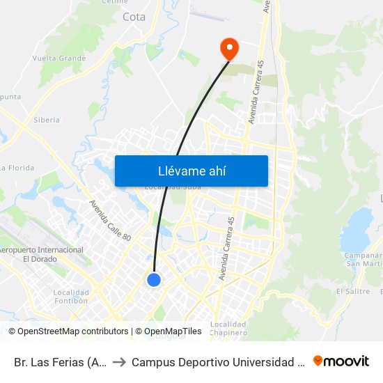Br. Las Ferias (Ak 70 - Cl 71a) to Campus Deportivo Universidad Santo Tomás De Aquino map
