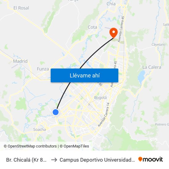 Br. Chicalá (Kr 87d - Cl 54c Sur) to Campus Deportivo Universidad Santo Tomás De Aquino map