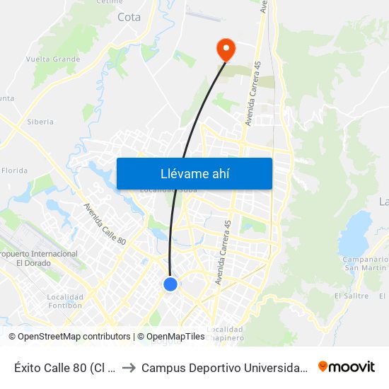 Éxito Calle 80 (Cl 78 Bis - Kr 68b) to Campus Deportivo Universidad Santo Tomás De Aquino map