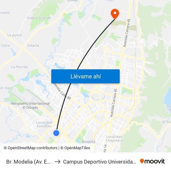 Br. Modelia (Av. Esperanza - Kr 74) to Campus Deportivo Universidad Santo Tomás De Aquino map